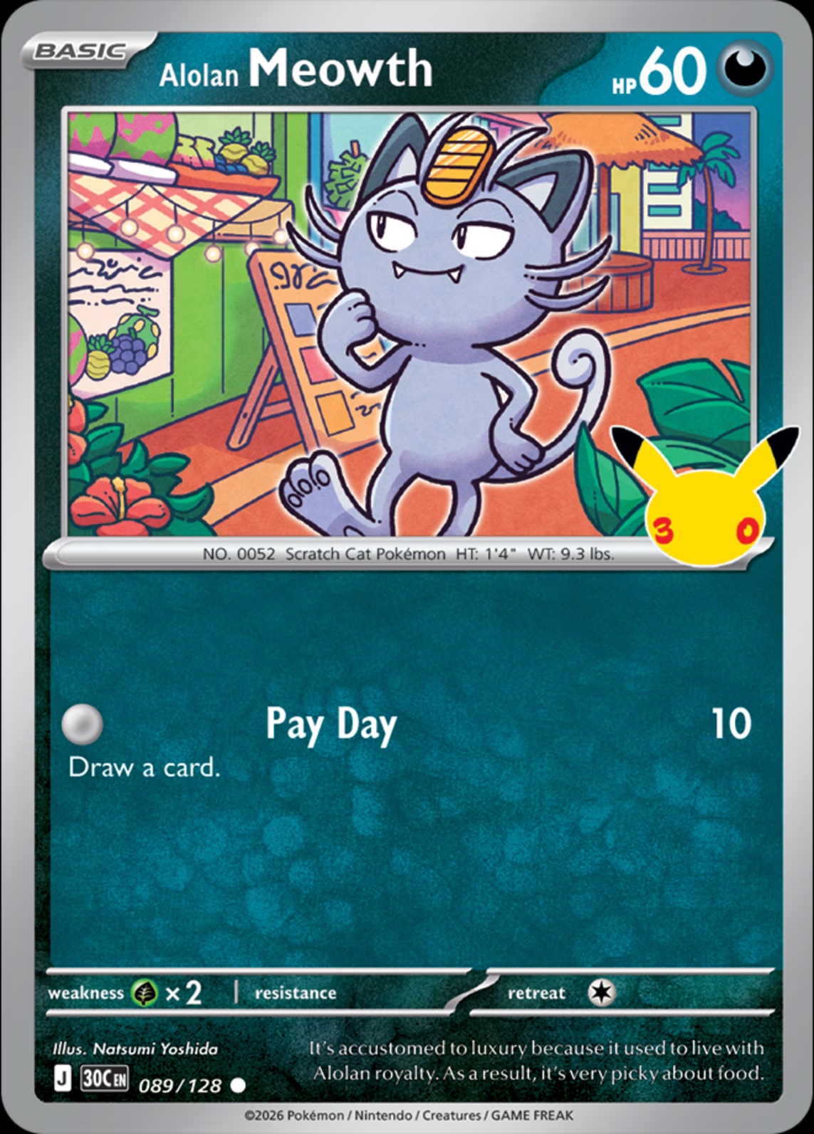 Alolan Meowth 089/128 from Pokemon TCG 30th Celebration, illustrated by Natsumi Yoshida