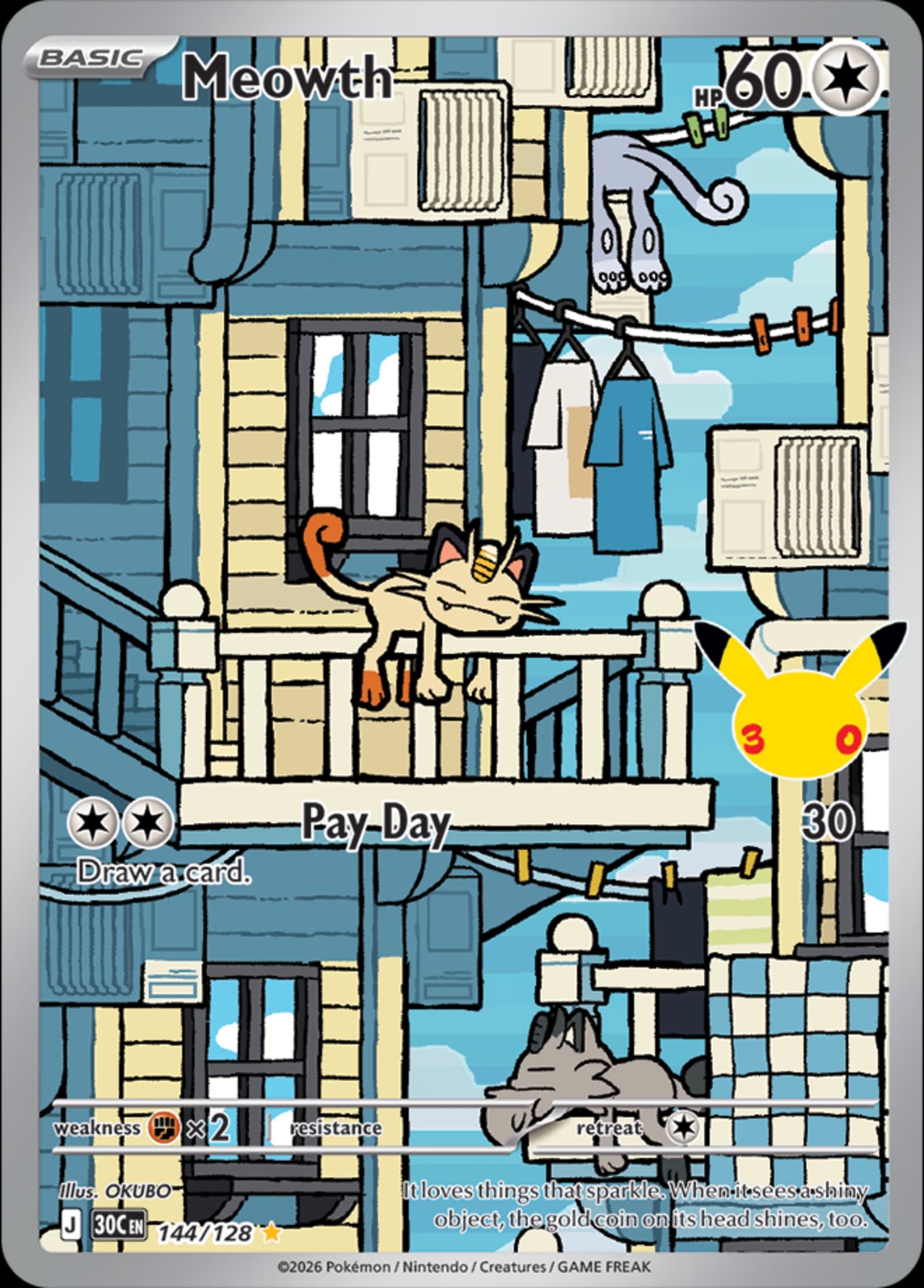 Meowth illustration rare 144/128 from Pokemon TCG 30th Celebration, illustrated by OKUBO