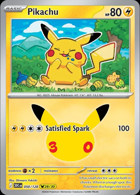 English Pikachu 050/128 — Pokemon TCG 30th Celebration