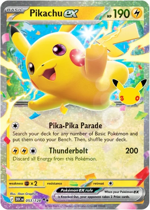 English Pikachu ex 053/128 — Pokemon TCG 30th Celebration