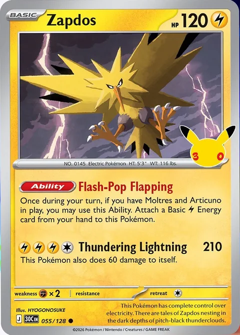 English Zapdos 055/128 — Pokemon TCG 30th Celebration