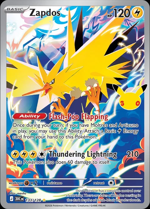English Zapdos 133/128 — Pokemon TCG 30th Celebration
