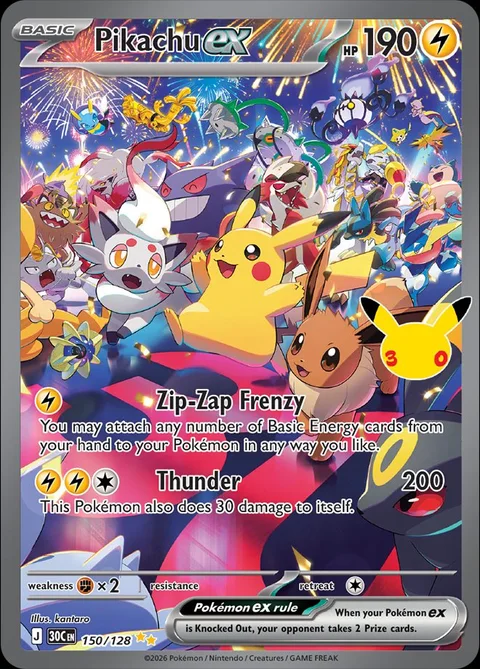English Pikachu ex 150/128 — Pokemon TCG 30th Celebration