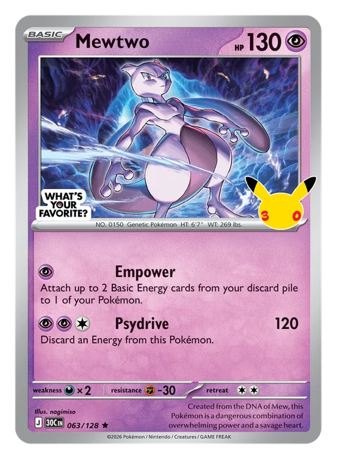 English Mewtwo 063/128 with Pokemon 30 and What's Your Favorite marks