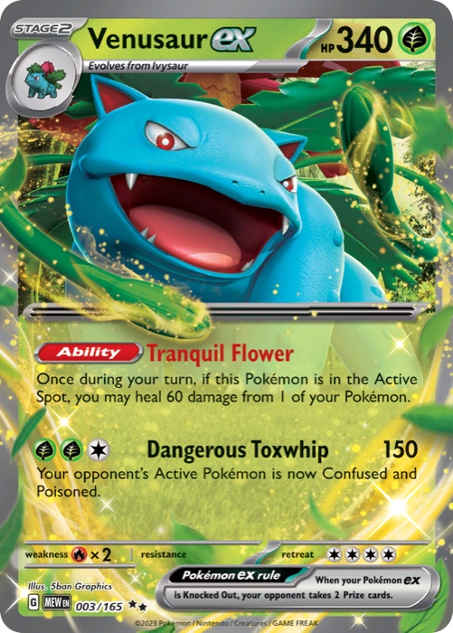 Venusaur ex 003/165 from Pokémon 151 with its set code, collector number, and rarity mark printed at the bottom left