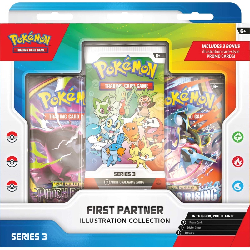 Pokemon TCG First Partner Illustration Collection Series 3 product box featuring Hoenn, Kalos, and Paldea starters